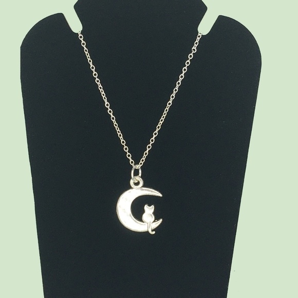 SILVER Plate Chain Kitty on Quarter Moon Necklace Hand-Crafted - Picture 2 of 7